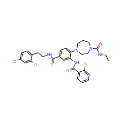 CCNC(=O)N1CCCN(c2ccc(C(=O)NCCc3ccc(Cl)cc3Cl)cc2NC(=O)c2ccccc2Cl)CC1 ZINC000028566038