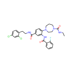 CCNC(=O)N1CCCN(c2ccc(C(=O)NCCc3ccc(Cl)cc3Cl)cc2NC(=O)c2ccccc2F)CC1 ZINC000028563095