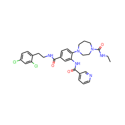 CCNC(=O)N1CCCN(c2ccc(C(=O)NCCc3ccc(Cl)cc3Cl)cc2NC(=O)c2cccnc2)CC1 ZINC000028565822