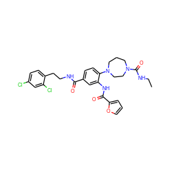 CCNC(=O)N1CCCN(c2ccc(C(=O)NCCc3ccc(Cl)cc3Cl)cc2NC(=O)c2ccco2)CC1 ZINC000028565991