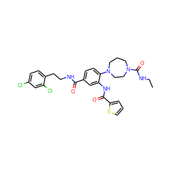 CCNC(=O)N1CCCN(c2ccc(C(=O)NCCc3ccc(Cl)cc3Cl)cc2NC(=O)c2cccs2)CC1 ZINC000028566134