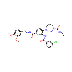 CCNC(=O)N1CCCN(c2ccc(C(=O)NCCc3ccc(OC)c(OC)c3)cc2NC(=O)c2cccc(Cl)c2)CC1 ZINC000028566068