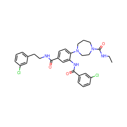 CCNC(=O)N1CCCN(c2ccc(C(=O)NCCc3cccc(Cl)c3)cc2NC(=O)c2cccc(Cl)c2)CC1 ZINC000028566350