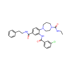 CCNC(=O)N1CCCN(c2ccc(C(=O)NCCc3ccccc3)cc2NC(=O)c2cccc(Cl)c2)CC1 ZINC000028566099