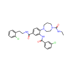 CCNC(=O)N1CCCN(c2ccc(C(=O)NCCc3ccccc3Cl)cc2NC(=O)c2cccc(Cl)c2)CC1 ZINC000028563165