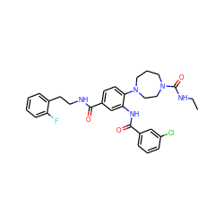 CCNC(=O)N1CCCN(c2ccc(C(=O)NCCc3ccccc3F)cc2NC(=O)c2cccc(Cl)c2)CC1 ZINC000028563310