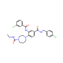 CCNC(=O)N1CCCN(c2ccc(C(=O)NCc3ccc(Cl)cc3)cc2NC(=O)c2cccc(Cl)c2)CC1 ZINC000028566230