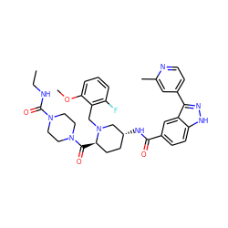 CCNC(=O)N1CCN(C(=O)[C@@H]2CC[C@@H](NC(=O)c3ccc4[nH]nc(-c5ccnc(C)c5)c4c3)CN2Cc2c(F)cccc2OC)CC1 ZINC000205026975