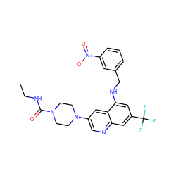 CCNC(=O)N1CCN(c2cnc3cc(C(F)(F)F)cc(NCc4cccc([N+](=O)[O-])c4)c3c2)CC1 ZINC000169328723