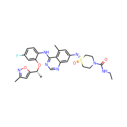 CCNC(=O)N1CCS(=O)(=Nc2cc(C)c3c(Nc4ccc(F)cc4O[C@H](C)c4cc(C)no4)ncnc3c2)CC1 ZINC001772655987