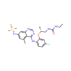 CCNC(=O)NC[C@@H](C)Oc1cc(F)ccc1Nc1ncnc2cc(N=S(C)(C)=O)cc(C)c12 ZINC001772574141