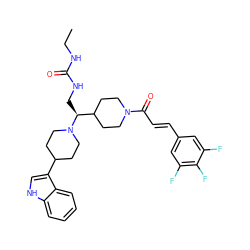 CCNC(=O)NC[C@@H](C1CCN(C(=O)/C=C/c2cc(F)c(F)c(F)c2)CC1)N1CCC(c2c[nH]c3ccccc23)CC1 ZINC000029046038