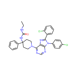 CCNC(=O)NC1(c2ccccc2)CCN(c2ncnc3c2nc(-c2ccccc2Cl)n3-c2ccc(Cl)cc2)CC1 ZINC000095575858