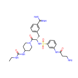 CCNC(=O)NC1CCN(C(=O)[C@H](Cc2cccc(C(=N)N)c2)NS(=O)(=O)c2cccc(NC(=O)CCN)c2)CC1 ZINC000169323443