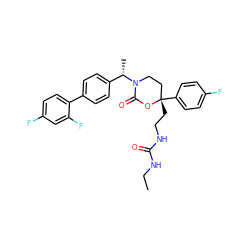 CCNC(=O)NCC[C@]1(c2ccc(F)cc2)CCN([C@@H](C)c2ccc(-c3ccc(F)cc3F)cc2)C(=O)O1 ZINC000072116188