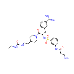 CCNC(=O)NCCC1CCN(C(=O)[C@H](Cc2cccc(C(=N)N)c2)NS(=O)(=O)c2cccc(NC(=O)CCN)c2)CC1 ZINC000148586555