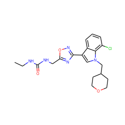 CCNC(=O)NCc1nc(-c2cn(CC3CCOCC3)c3c(Cl)cccc23)no1 ZINC000066099171