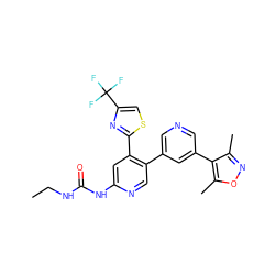 CCNC(=O)Nc1cc(-c2nc(C(F)(F)F)cs2)c(-c2cncc(-c3c(C)noc3C)c2)cn1 ZINC000140501438