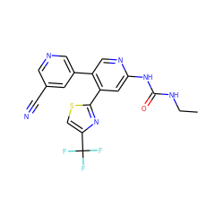 CCNC(=O)Nc1cc(-c2nc(C(F)(F)F)cs2)c(-c2cncc(C#N)c2)cn1 ZINC000116379082