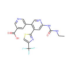 CCNC(=O)Nc1cc(-c2nc(C(F)(F)F)cs2)c(-c2cncc(C(=O)O)c2)cn1 ZINC000095921248