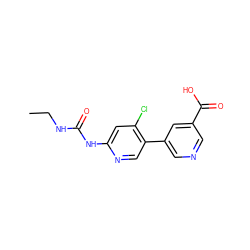 CCNC(=O)Nc1cc(Cl)c(-c2cncc(C(=O)O)c2)cn1 ZINC000169313073