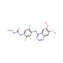 CCNC(=O)Nc1cc(Cl)c(Nc2ncnc3cc(OC)c(OC)cc23)cc1Cl ZINC000169324383