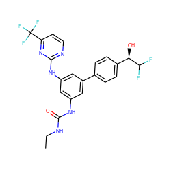 CCNC(=O)Nc1cc(Nc2nccc(C(F)(F)F)n2)cc(-c2ccc([C@@H](O)C(F)F)cc2)c1 ZINC000145401092