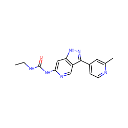 CCNC(=O)Nc1cc2[nH]nc(-c3ccnc(C)c3)c2cn1 ZINC000261091139