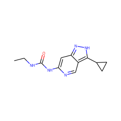 CCNC(=O)Nc1cc2n[nH]c(C3CC3)c2cn1 ZINC000219746811