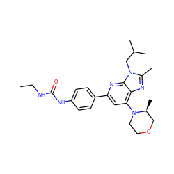 CCNC(=O)Nc1ccc(-c2cc(N3CCOC[C@@H]3C)c3nc(C)n(CC(C)C)c3n2)cc1 ZINC001772646247