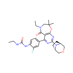 CCNC(=O)Nc1ccc(-c2nc(N3[C@H]4CC[C@H]3COC4)nc3c2C(=O)N(CC)CC(C)(C)O3)cc1F ZINC000205337337