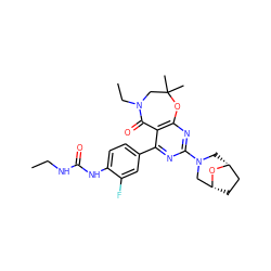 CCNC(=O)Nc1ccc(-c2nc(N3C[C@@H]4CC[C@H](C3)O4)nc3c2C(=O)N(CC)CC(C)(C)O3)cc1F ZINC000205298114