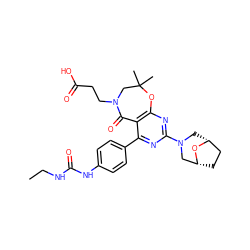 CCNC(=O)Nc1ccc(-c2nc(N3C[C@@H]4CC[C@H](C3)O4)nc3c2C(=O)N(CCC(=O)O)CC(C)(C)O3)cc1 ZINC000225320612