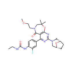 CCNC(=O)Nc1ccc(-c2nc(N3C[C@@H]4CC[C@H](C3)O4)nc3c2C(=O)N(CCOC)CC(C)(C)O3)cc1F ZINC000225299406