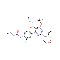 CCNC(=O)Nc1ccc(-c2nc(N3CCOC[C@@H]3CC)nc3c2C(=O)N(CC)CC(C)(C)O3)cc1F ZINC000142187394