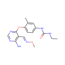 CCNC(=O)Nc1ccc(Oc2ncnc(N)c2/C=N/OC)c(C)c1 ZINC000066076378