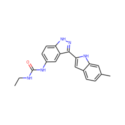 CCNC(=O)Nc1ccc2[nH]nc(-c3cc4ccc(C)cc4[nH]3)c2c1 ZINC000066077002