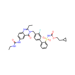 CCNC(=O)Nc1ccc2nc(CC)n(Cc3ccc(-c4ccccc4S(=O)(=O)NC(=O)OCCC4CC4)cc3F)c(=O)c2c1 ZINC000026404421