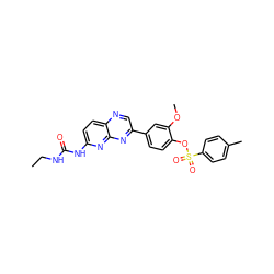 CCNC(=O)Nc1ccc2ncc(-c3ccc(OS(=O)(=O)c4ccc(C)cc4)c(OC)c3)nc2n1 ZINC000169711834