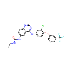 CCNC(=O)Nc1ccc2ncnc(Nc3ccc(Oc4cccc(C(F)(F)F)c4)c(Cl)c3)c2c1 ZINC000473150260