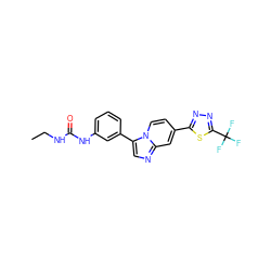 CCNC(=O)Nc1cccc(-c2cnc3cc(-c4nnc(C(F)(F)F)s4)ccn23)c1 ZINC000139648340