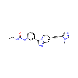 CCNC(=O)Nc1cccc(-c2cnc3cc(C#Cc4cncn4C)ccn23)c1 ZINC000150335733