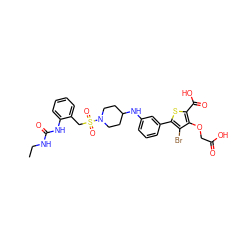 CCNC(=O)Nc1ccccc1CS(=O)(=O)N1CCC(Nc2cccc(-c3sc(C(=O)O)c(OCC(=O)O)c3Br)c2)CC1 ZINC000028711561