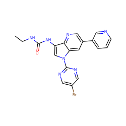 CCNC(=O)Nc1cn(-c2ncc(Br)cn2)c2cc(-c3cccnc3)cnc12 ZINC000653765528