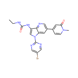 CCNC(=O)Nc1cn(-c2ncc(Br)cn2)c2cc(-c3ccn(C)c(=O)c3)cnc12 ZINC000653773219