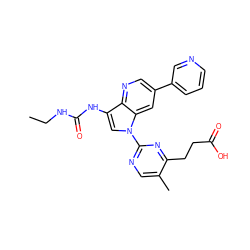 CCNC(=O)Nc1cn(-c2ncc(C)c(CCC(=O)O)n2)c2cc(-c3cccnc3)cnc12 ZINC000653760748