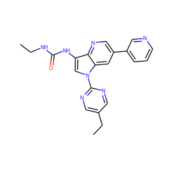 CCNC(=O)Nc1cn(-c2ncc(CC)cn2)c2cc(-c3cccnc3)cnc12 ZINC000653773280