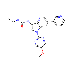 CCNC(=O)Nc1cn(-c2ncc(OC)cn2)c2cc(-c3cccnc3)cnc12 ZINC000653764480