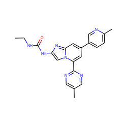 CCNC(=O)Nc1cn2c(-c3ncc(C)cn3)cc(-c3ccc(C)nc3)cc2n1 ZINC000045257706