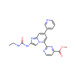 CCNC(=O)Nc1cn2c(-c3nccc(C(=O)OC)n3)cc(-c3cccnc3)cc2n1 ZINC000045321362